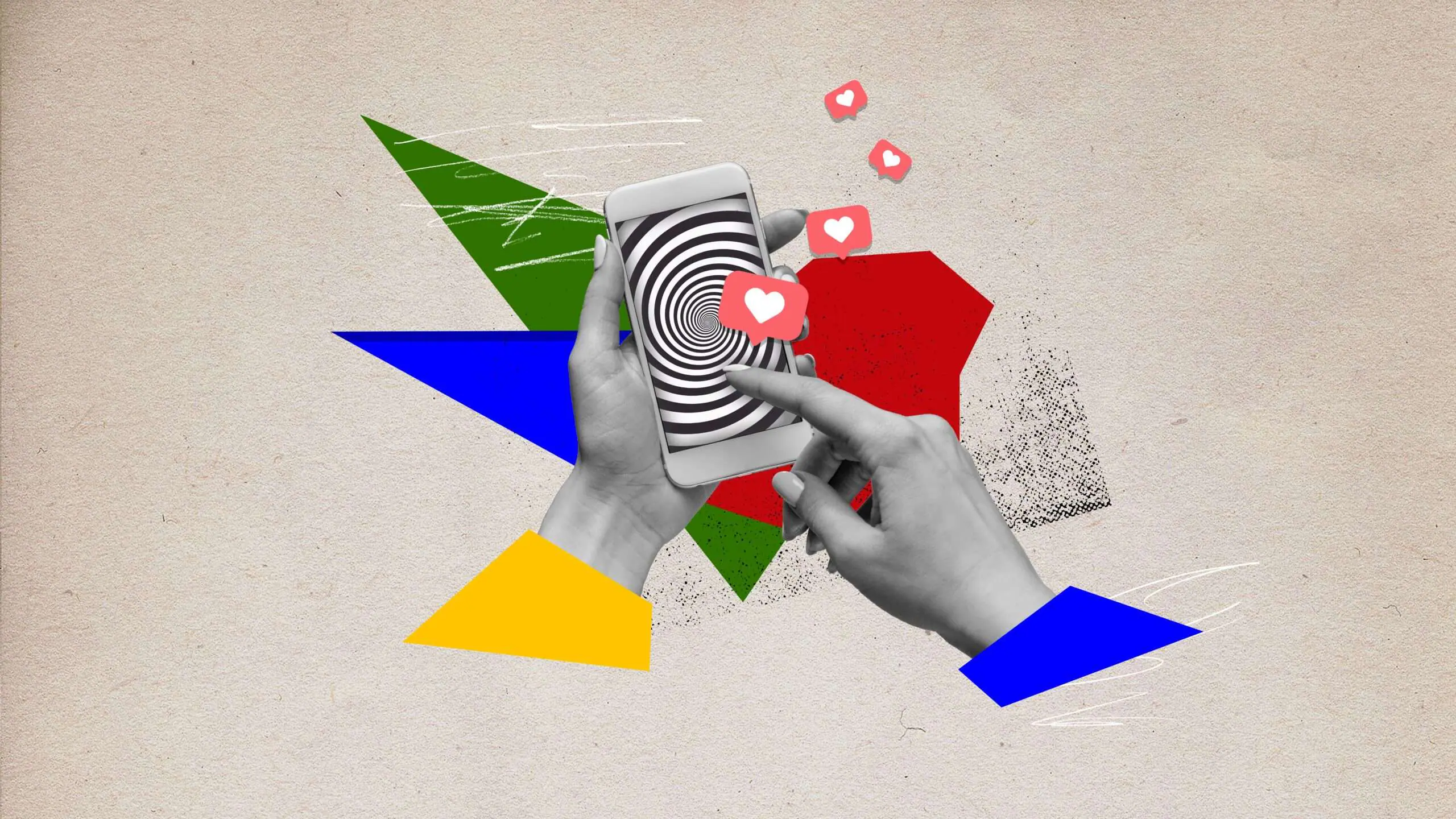 A person's hands holding mobile phone with hypnotic screen