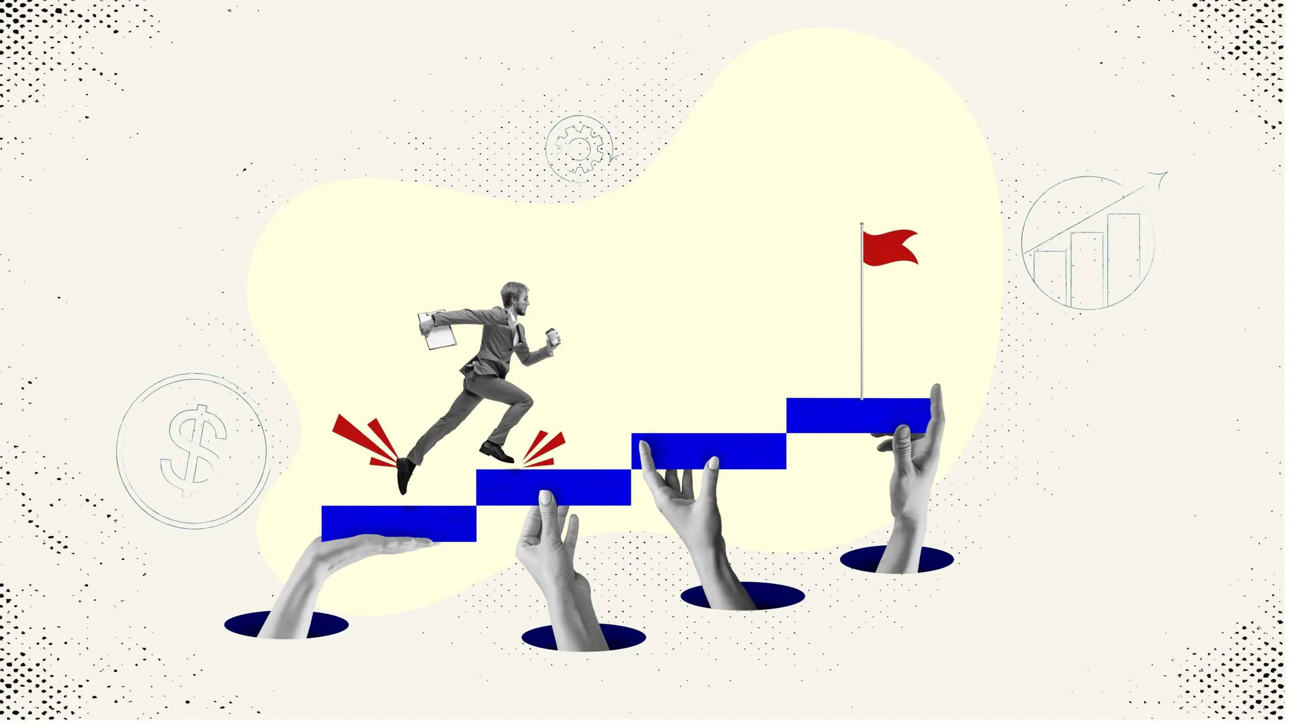 A motivated and ambitious person running forward on stairs in a contemporary art collage style