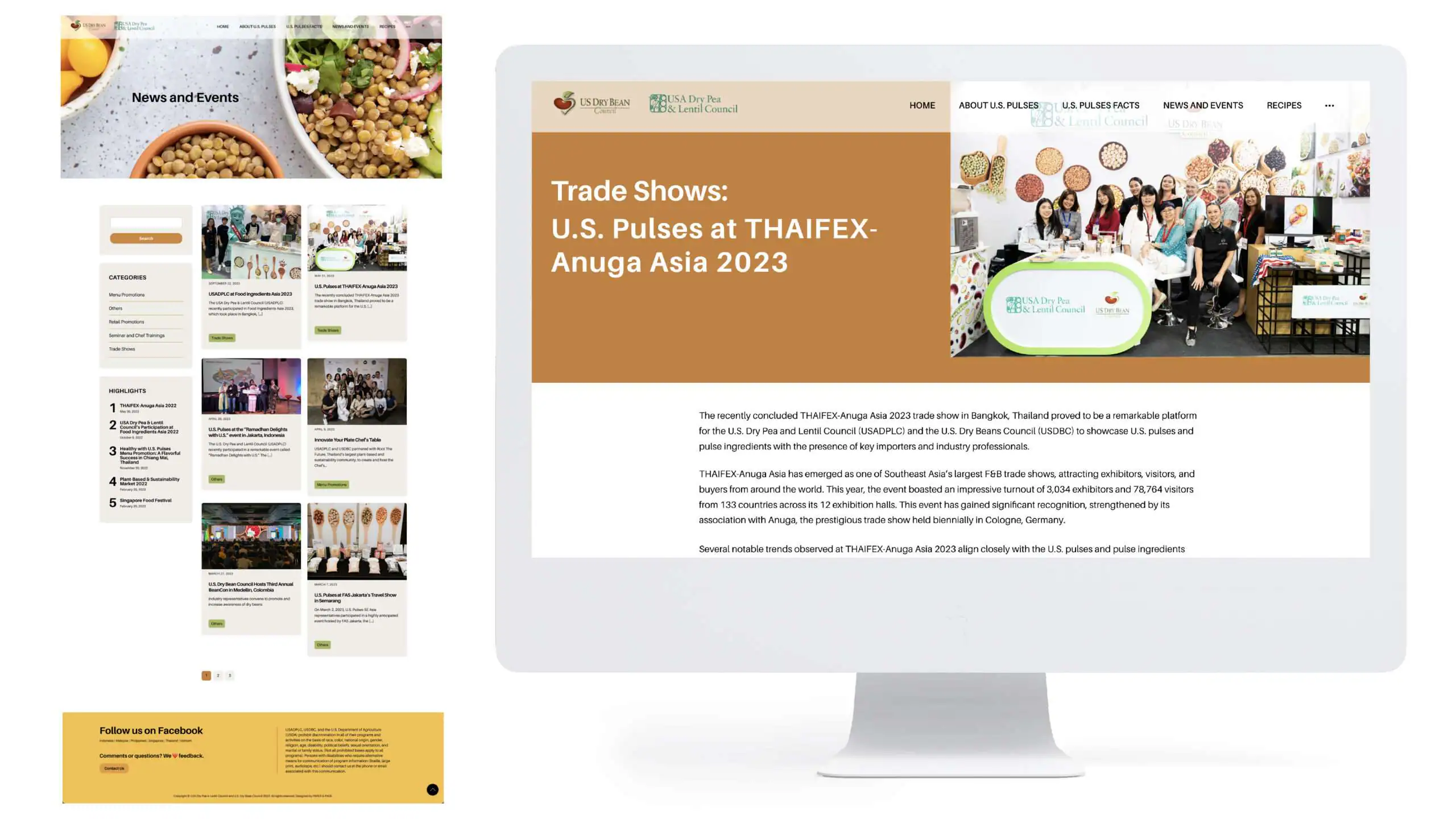 The News and Events page of the U.S. Pulses website on the left and a blog article on the right