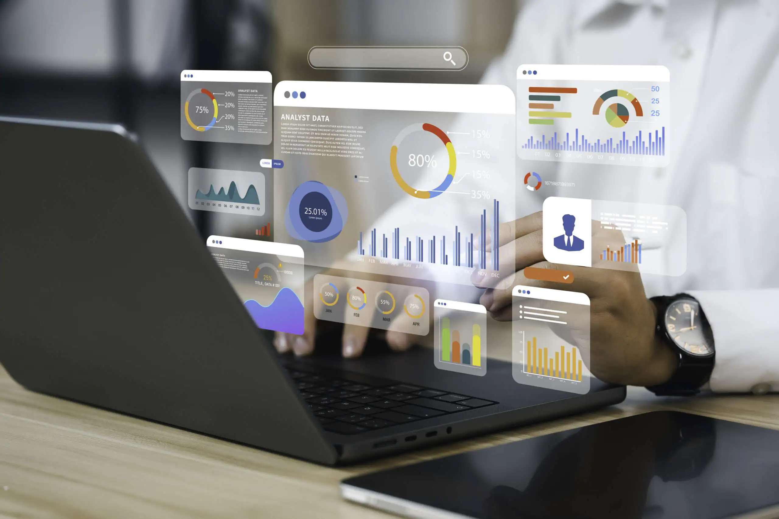 An analytics dashboard popup next to a laptop