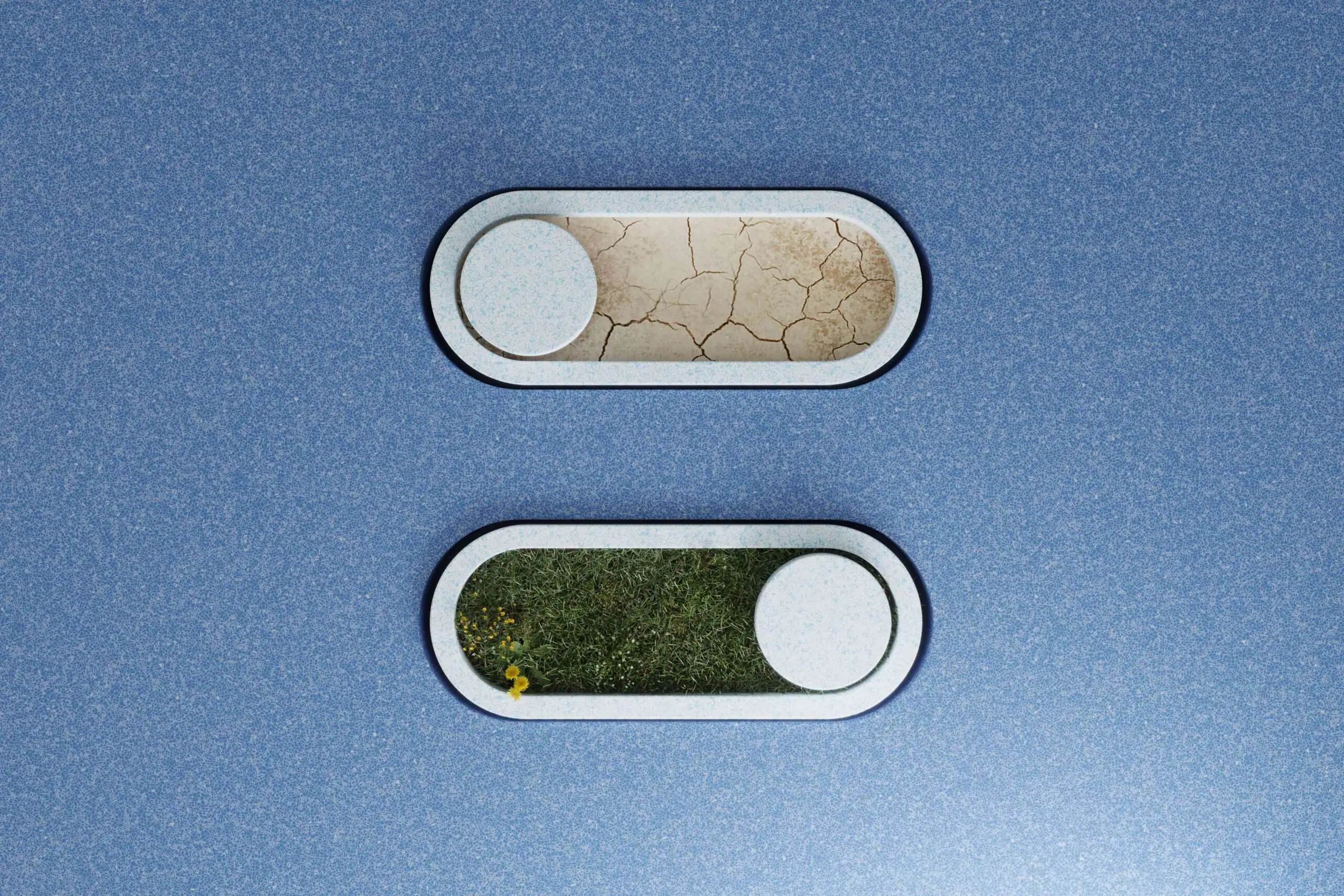 Sustainable bar graph buttons between grassy and desert area