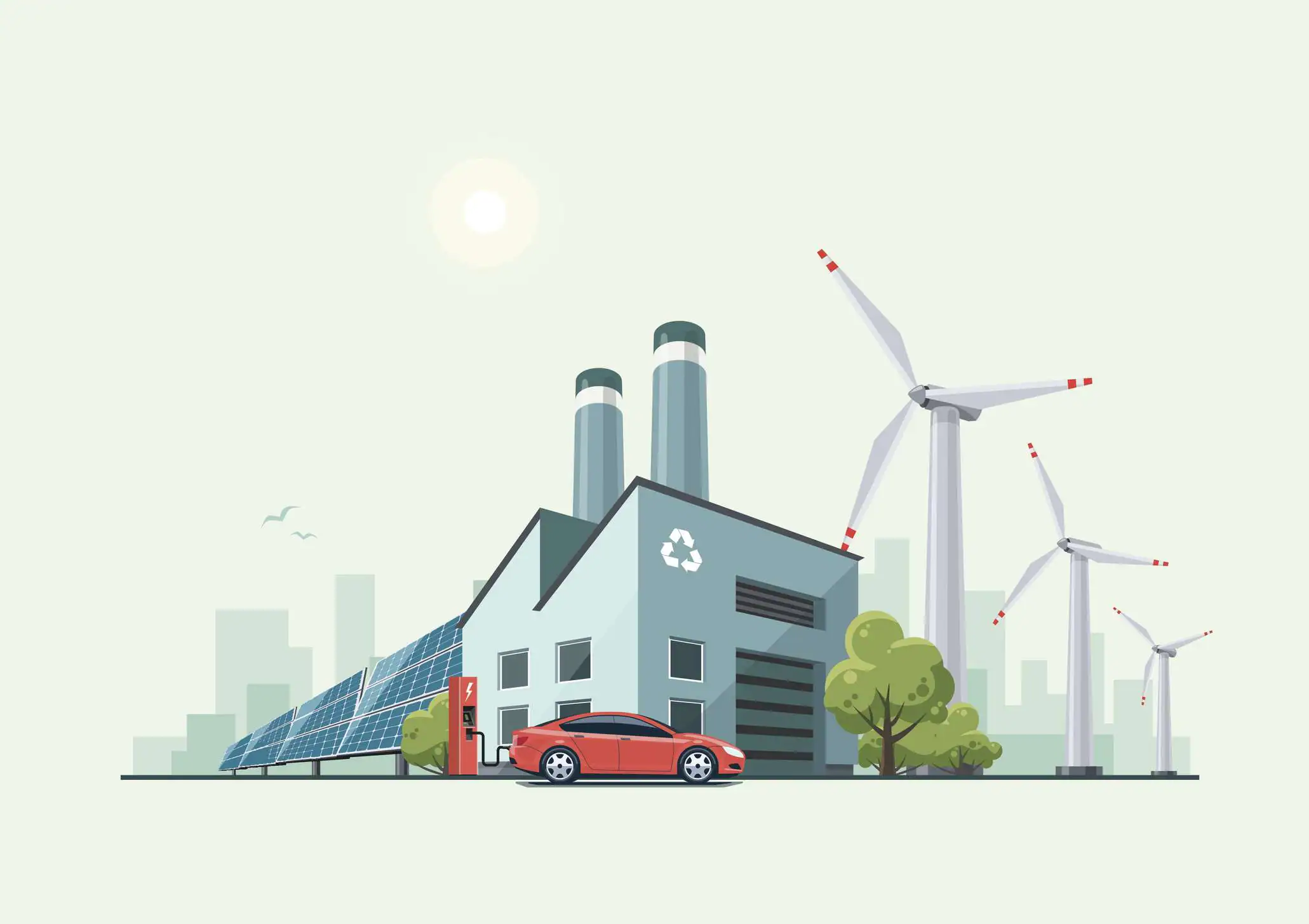 An illustration of an eco-friendly factory building with green trees and electric car charging in front