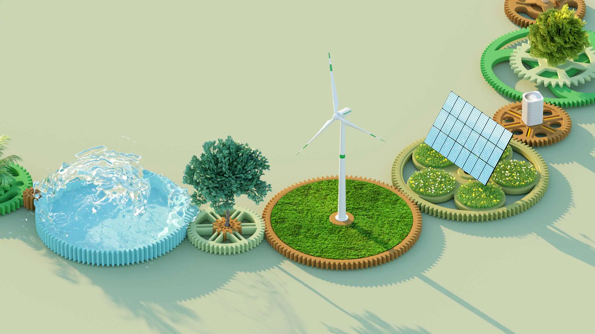 Gears showing different segments of alternative energy and nature